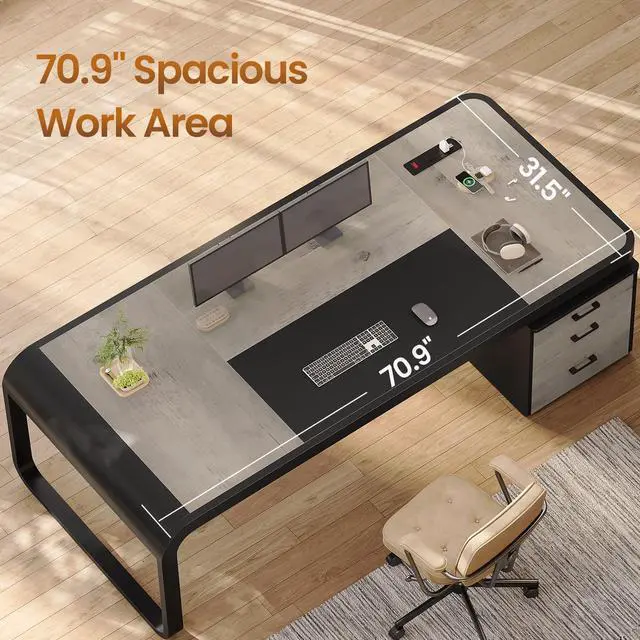 Alt view image 3 of 6 - 70.9" Executive Desk, Large Computer Desk with Drawers and Lateral File Cabinet, Office Desk with Removable Shelves, Business Furniture Desk Workstation for Home Office, Gray
