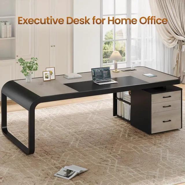 Alt view image 4 of 6 - 70.9" Executive Desk, Large Computer Desk with Drawers and Lateral File Cabinet, Office Desk with Removable Shelves, Business Furniture Desk Workstation for Home Office, Gray