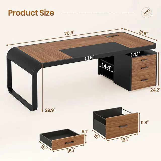 Alt view image 2 of 6 - 70.9" Executive Desk, Large Computer Desk with Drawers and Lateral File Cabinet, Office Desk with Removable Shelves, Business Furniture Desk Workstation for Home Office, Brown