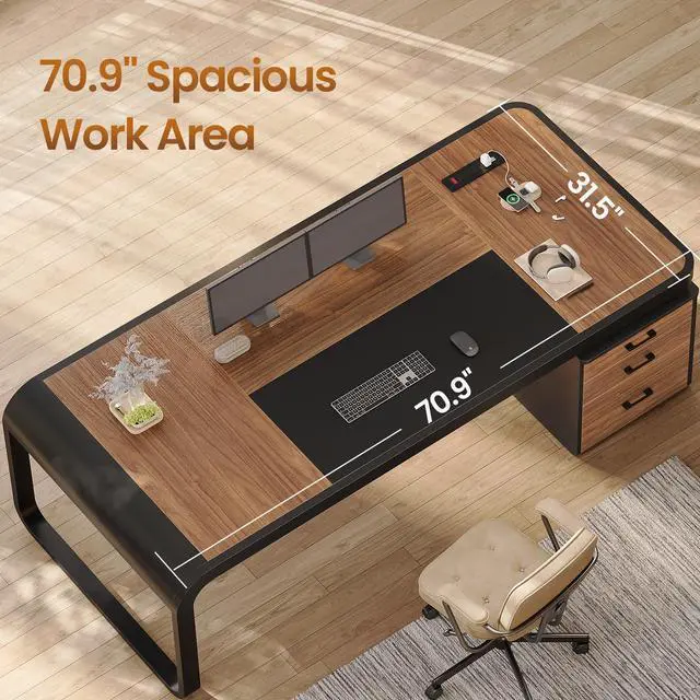 Alt view image 3 of 6 - 70.9" Executive Desk, Large Computer Desk with Drawers and Lateral File Cabinet, Office Desk with Removable Shelves, Business Furniture Desk Workstation for Home Office, Brown