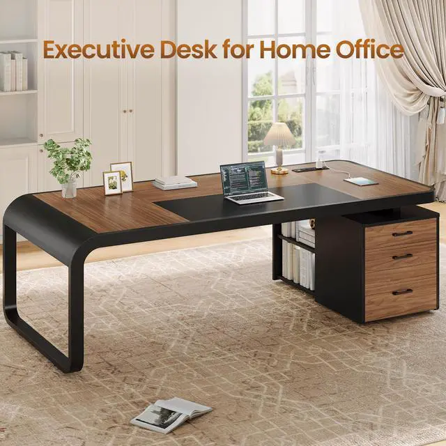 Alt view image 4 of 6 - 70.9" Executive Desk, Large Computer Desk with Drawers and Lateral File Cabinet, Office Desk with Removable Shelves, Business Furniture Desk Workstation for Home Office, Brown