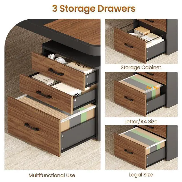 Alt view image 5 of 6 - 70.9" Executive Desk, Large Computer Desk with Drawers and Lateral File Cabinet, Office Desk with Removable Shelves, Business Furniture Desk Workstation for Home Office, Brown
