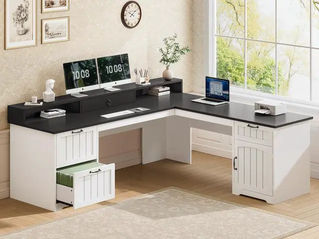 Main image of 63" L Shaped Desk with Drawers, Farmhouse Office Desk with File Drawers, Wood Corner Computer Desk with Storage, Home Office Desk with Monitor Stand and Storage Cabinet, Black and White