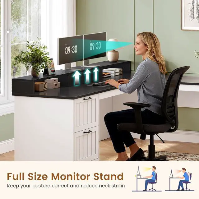 Alt view image 6 of 6 - 63" L Shaped Desk with Drawers, Farmhouse Office Desk with File Drawers, Wood Corner Computer Desk with Storage, Home Office Desk with Monitor Stand and Storage Cabinet, Black and White