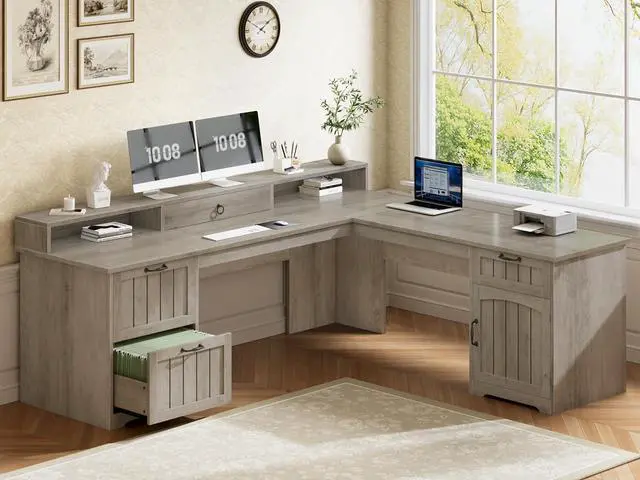 Main image of 63" L Shaped Desk with Drawers, Farmhouse Corner Computer Desk, Wood Office Desk with File Drawers with Storage, Executive Desk with Monitor Stand and Storage Cabinet, Grey
