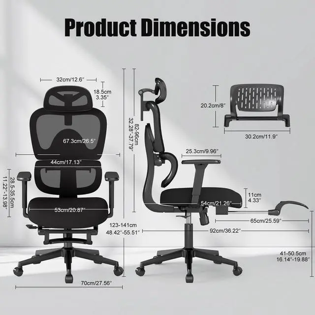Alt view image 2 of 6 - Ergonomic Office Chair with Footrest Adjustable Lumbar Support, 3D Armrests & Headrest, Wide-Seat High-Back Mesh Computer Chair with Casters, Suitable for Home & Office, Black