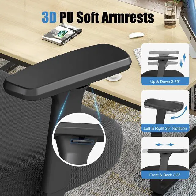Alt view image 4 of 6 - Ergonomic Office Chair with Footrest Adjustable Lumbar Support, 3D Armrests & Headrest, Wide-Seat High-Back Mesh Computer Chair with Casters, Suitable for Home & Office, Black