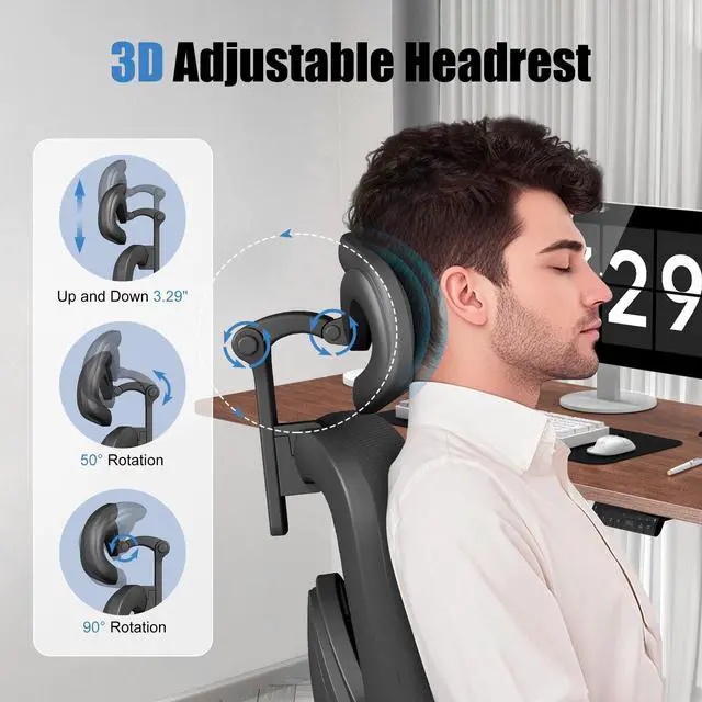 Alt view image 5 of 6 - Ergonomic Office Chair with Footrest Adjustable Lumbar Support, 3D Armrests & Headrest, Wide-Seat High-Back Mesh Computer Chair with Casters, Suitable for Home & Office, Black