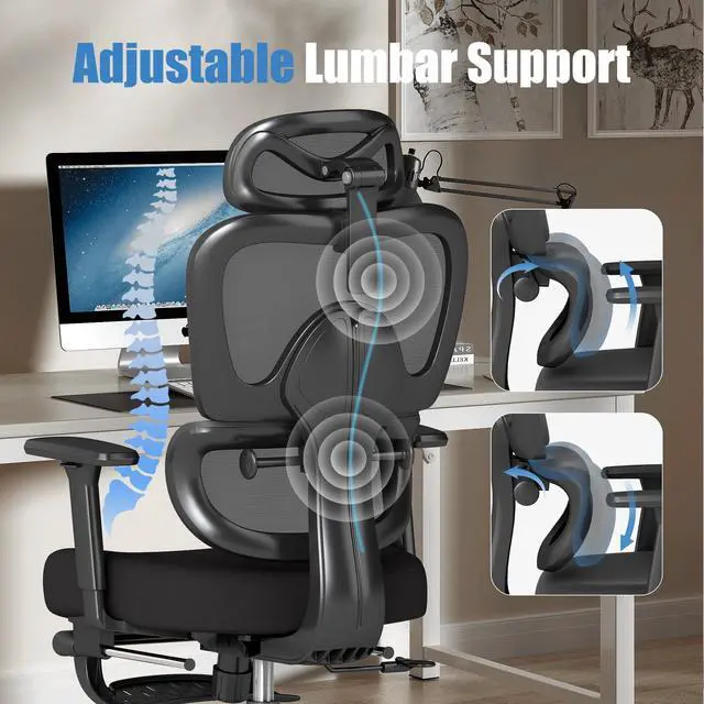 Alt view image 6 of 6 - Ergonomic Office Chair with Footrest Adjustable Lumbar Support, 3D Armrests & Headrest, Wide-Seat High-Back Mesh Computer Chair with Casters, Suitable for Home & Office, Black