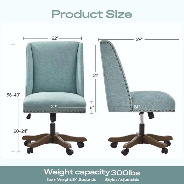 Alt view image 2 of 6 - Armless Office Chair with Wooden Legs, Modern Adjustable Upholstered Home Office Desk Chair No Arms Sewing Chair Swivel Chair for Home Office Study Studio (Teal)