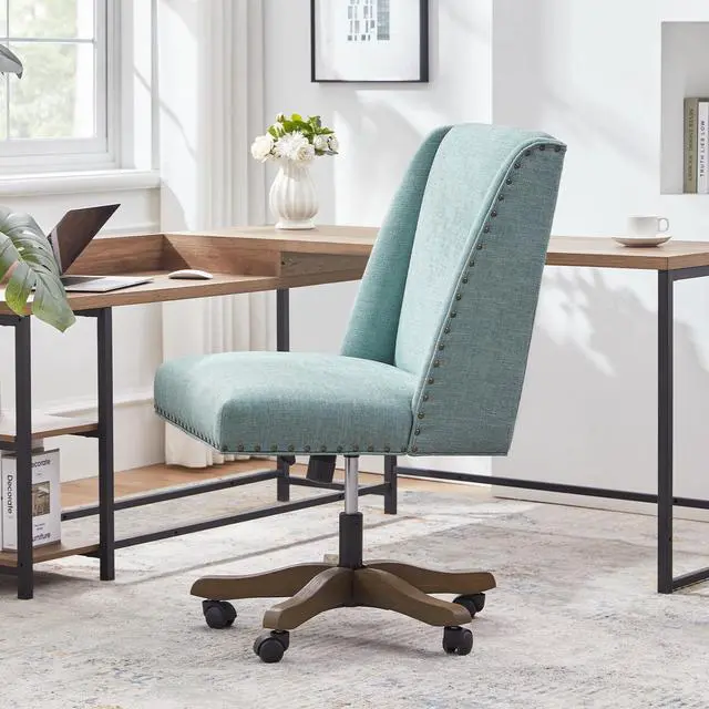 Alt view image 3 of 6 - Armless Office Chair with Wooden Legs, Modern Adjustable Upholstered Home Office Desk Chair No Arms Sewing Chair Swivel Chair for Home Office Study Studio (Teal)