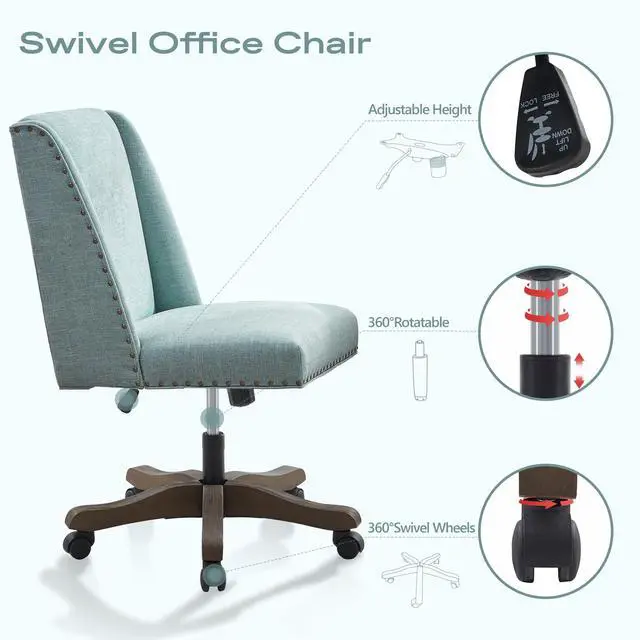 Alt view image 6 of 6 - Armless Office Chair with Wooden Legs, Modern Adjustable Upholstered Home Office Desk Chair No Arms Sewing Chair Swivel Chair for Home Office Study Studio (Teal)