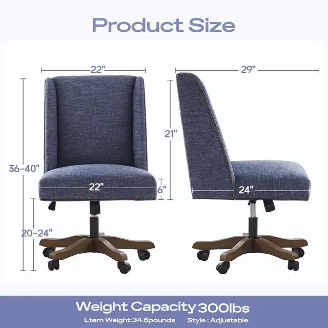 Alt view image 2 of 6 - Armless Home Office Chair with Wooden Legs, Modern Adjustable Upholstered Office Desk Chair No Arms Computer Chair Swivel Chair for Home Office Study Studio (Blue)
