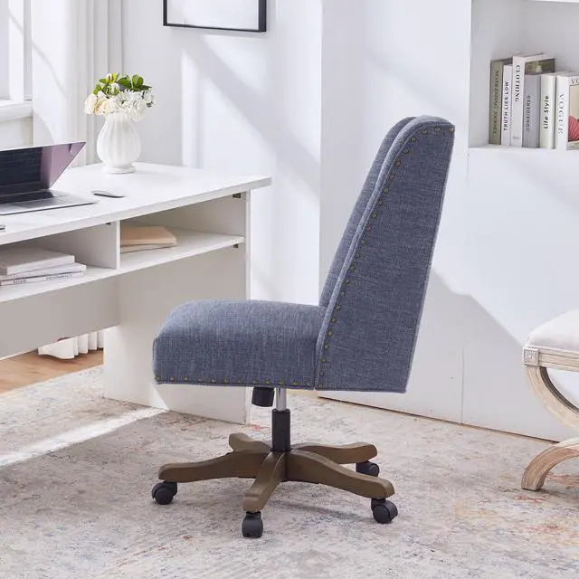 Alt view image 3 of 6 - Armless Home Office Chair with Wooden Legs, Modern Adjustable Upholstered Office Desk Chair No Arms Computer Chair Swivel Chair for Home Office Study Studio (Blue)