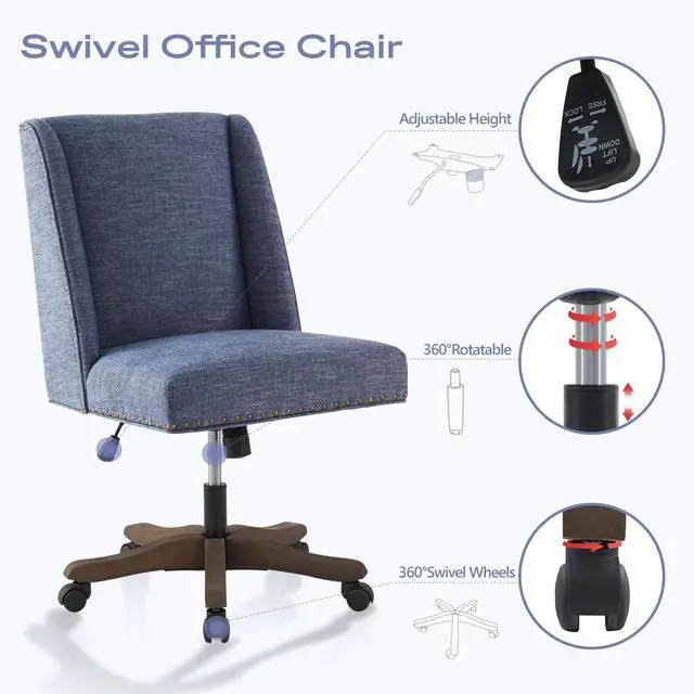 Alt view image 4 of 6 - Armless Home Office Chair with Wooden Legs, Modern Adjustable Upholstered Office Desk Chair No Arms Computer Chair Swivel Chair for Home Office Study Studio (Blue)