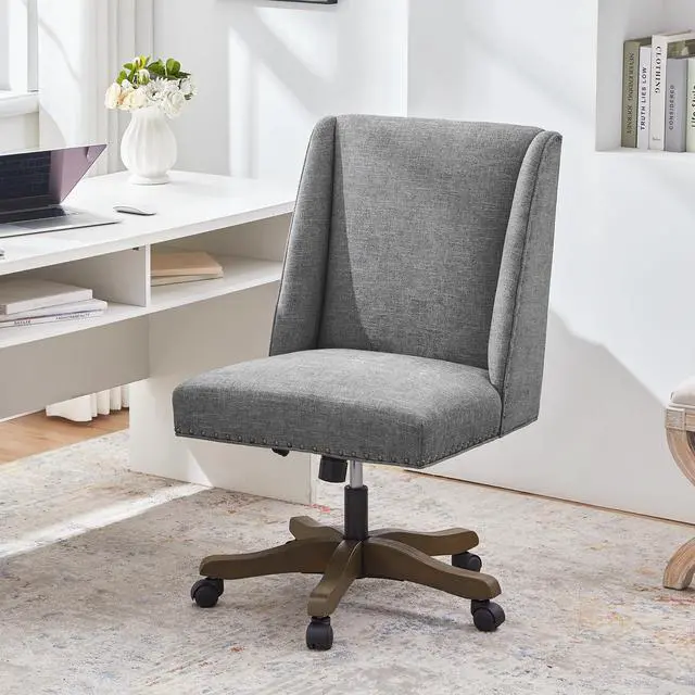 Main image of Upholstered Armless Home Office Chair with Wooden Legs, Modern Office Desk Chair No Arms Sewing Chair Adjustable Swivel Desk Chair for Farmhouse Office Study Studio (Dark Gray)