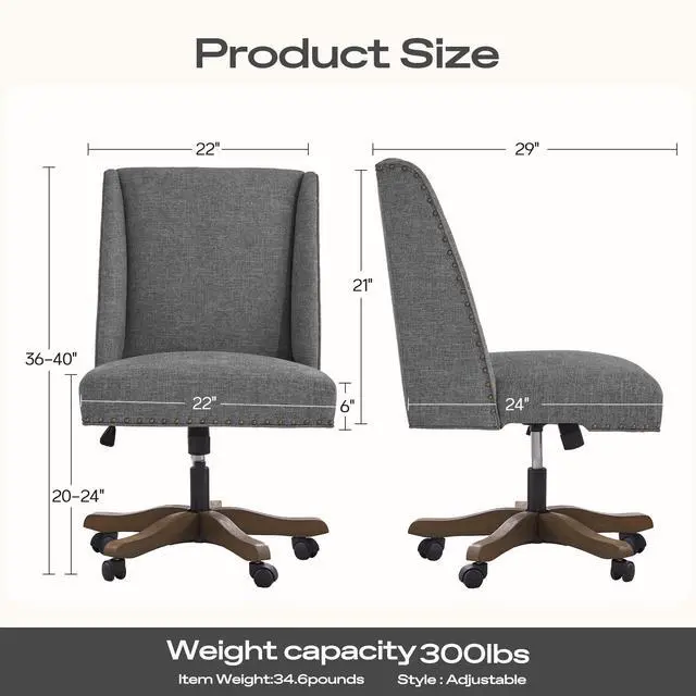 Alt view image 2 of 6 - Upholstered Armless Home Office Chair with Wooden Legs, Modern Office Desk Chair No Arms Sewing Chair Adjustable Swivel Desk Chair for Farmhouse Office Study Studio (Dark Gray)