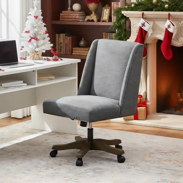 Alt view image 3 of 6 - Upholstered Armless Home Office Chair with Wooden Legs, Modern Office Desk Chair No Arms Sewing Chair Adjustable Swivel Desk Chair for Farmhouse Office Study Studio (Dark Gray)