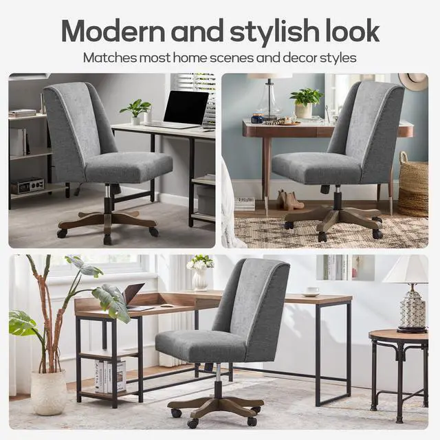 Alt view image 4 of 6 - Upholstered Armless Home Office Chair with Wooden Legs, Modern Office Desk Chair No Arms Sewing Chair Adjustable Swivel Desk Chair for Farmhouse Office Study Studio (Dark Gray)