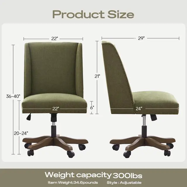 Alt view image 2 of 6 - Upholstered Armless Office Chair with Wooden Legs, Modern Adjustable Home Office Desk Chair Computer Chair Swivel Chair for Home Office Study Studio (Green)