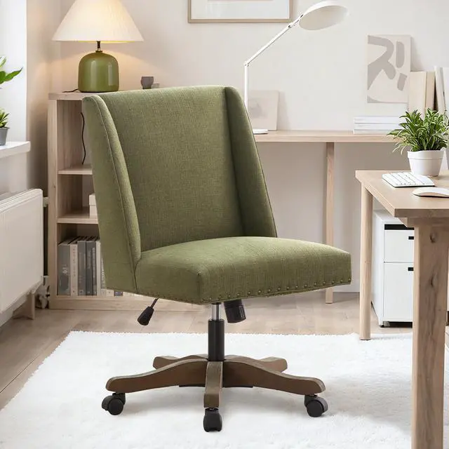 Alt view image 3 of 6 - Upholstered Armless Office Chair with Wooden Legs, Modern Adjustable Home Office Desk Chair Computer Chair Swivel Chair for Home Office Study Studio (Green)