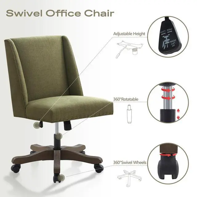 Alt view image 4 of 6 - Upholstered Armless Office Chair with Wooden Legs, Modern Adjustable Home Office Desk Chair Computer Chair Swivel Chair for Home Office Study Studio (Green)