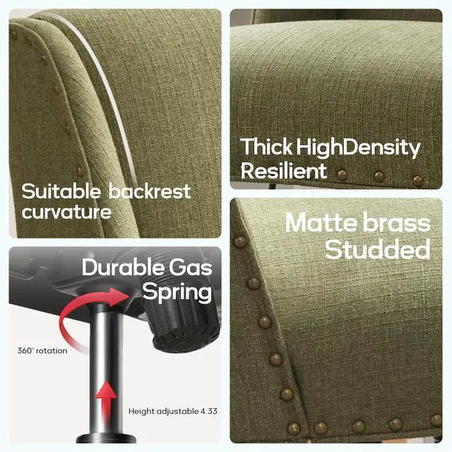 Alt view image 6 of 6 - Upholstered Armless Office Chair with Wooden Legs, Modern Adjustable Home Office Desk Chair Computer Chair Swivel Chair for Home Office Study Studio (Green)