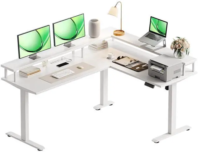 Main image of Electric L Shaped Standing Desk, 59 Inch Height Adjustable Stand Up Desk with Power Outlets & Full Monitor Stand, Reversible Corner Desk for Home Office & Computer Workstation, White