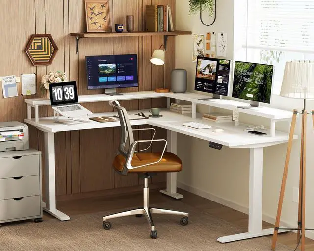 Alt view image 2 of 6 - Electric L Shaped Standing Desk, 59 Inch Height Adjustable Stand Up Desk with Power Outlets & Full Monitor Stand, Reversible Corner Desk for Home Office & Computer Workstation, White