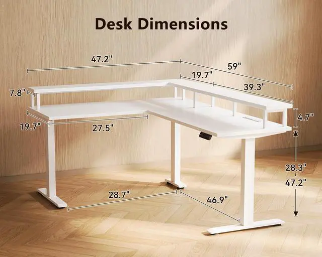 Alt view image 3 of 6 - Electric L Shaped Standing Desk, 59 Inch Height Adjustable Stand Up Desk with Power Outlets & Full Monitor Stand, Reversible Corner Desk for Home Office & Computer Workstation, White