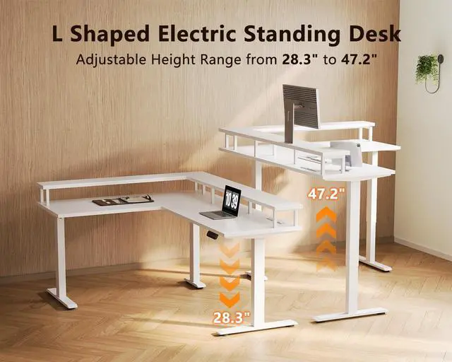 Alt view image 4 of 6 - Electric L Shaped Standing Desk, 59 Inch Height Adjustable Stand Up Desk with Power Outlets & Full Monitor Stand, Reversible Corner Desk for Home Office & Computer Workstation, White