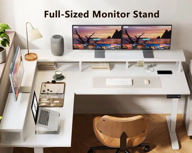 Alt view image 5 of 6 - Electric L Shaped Standing Desk, 59 Inch Height Adjustable Stand Up Desk with Power Outlets & Full Monitor Stand, Reversible Corner Desk for Home Office & Computer Workstation, White