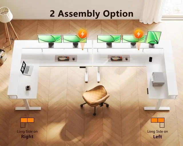 Alt view image 6 of 6 - Electric L Shaped Standing Desk, 59 Inch Height Adjustable Stand Up Desk with Power Outlets & Full Monitor Stand, Reversible Corner Desk for Home Office & Computer Workstation, White