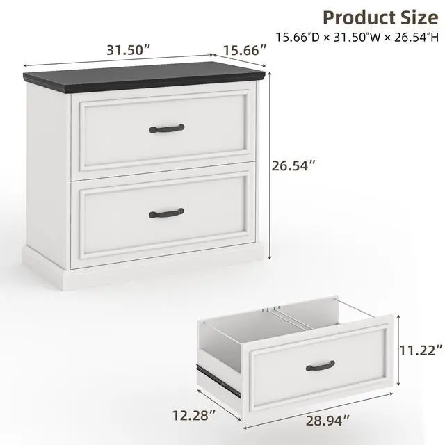 Alt view image 2 of 6 - 2 Drawer File Cabinet, Farmhouse Lateral Filing Cabinet for Letter/A4/Legal Size Hanging Files, Large Wood File Storage Cabinets Printer Stand for Home Office, White and Black