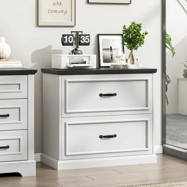 Alt view image 3 of 6 - 2 Drawer File Cabinet, Farmhouse Lateral Filing Cabinet for Letter/A4/Legal Size Hanging Files, Large Wood File Storage Cabinets Printer Stand for Home Office, White and Black