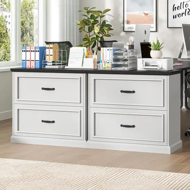 Alt view image 4 of 6 - 2 Drawer File Cabinet, Farmhouse Lateral Filing Cabinet for Letter/A4/Legal Size Hanging Files, Large Wood File Storage Cabinets Printer Stand for Home Office, White and Black