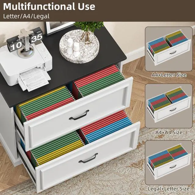 Alt view image 5 of 6 - 2 Drawer File Cabinet, Farmhouse Lateral Filing Cabinet for Letter/A4/Legal Size Hanging Files, Large Wood File Storage Cabinets Printer Stand for Home Office, White and Black