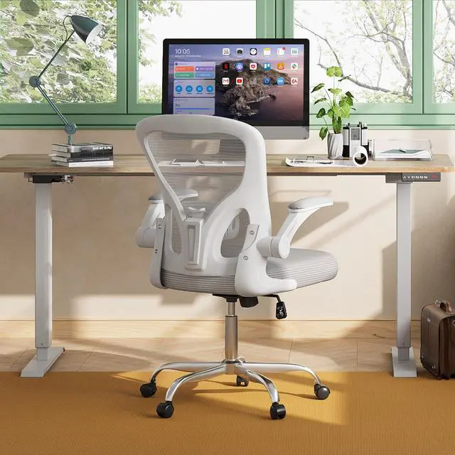 Alt view image 2 of 6 - Office Chair Ergonomic Computer Desk Chair with Flip-up Armrests, Comfy Mesh with Adjustable Lumbar Support, White