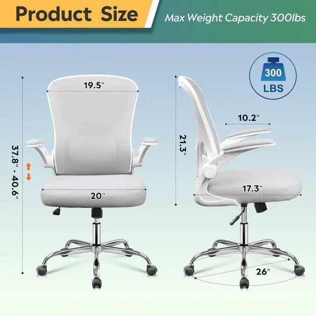 Alt view image 3 of 6 - Office Chair Ergonomic Computer Desk Chair with Flip-up Armrests, Comfy Mesh with Adjustable Lumbar Support, White