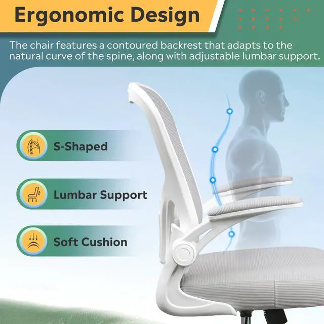 Alt view image 5 of 6 - Office Chair Ergonomic Computer Desk Chair with Flip-up Armrests, Comfy Mesh with Adjustable Lumbar Support, White