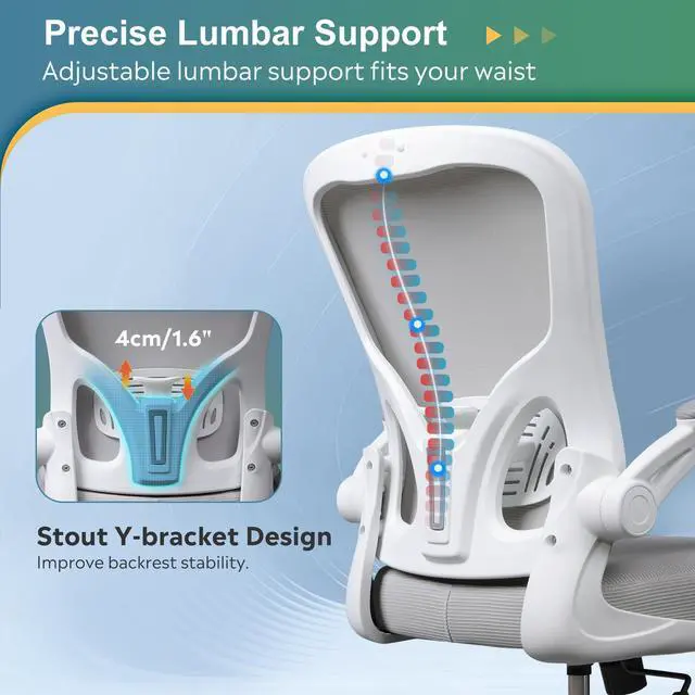 Alt view image 6 of 6 - Office Chair Ergonomic Computer Desk Chair with Flip-up Armrests, Comfy Mesh with Adjustable Lumbar Support, White