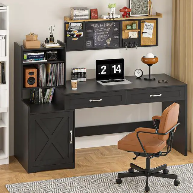 Main image of 60" Computer Desk with 2 Drawer & Bookshelves, Home Office Desk with Storage Cabinet & Spacious Desktop, Writing Gaming Study Table with Bookcase, Black