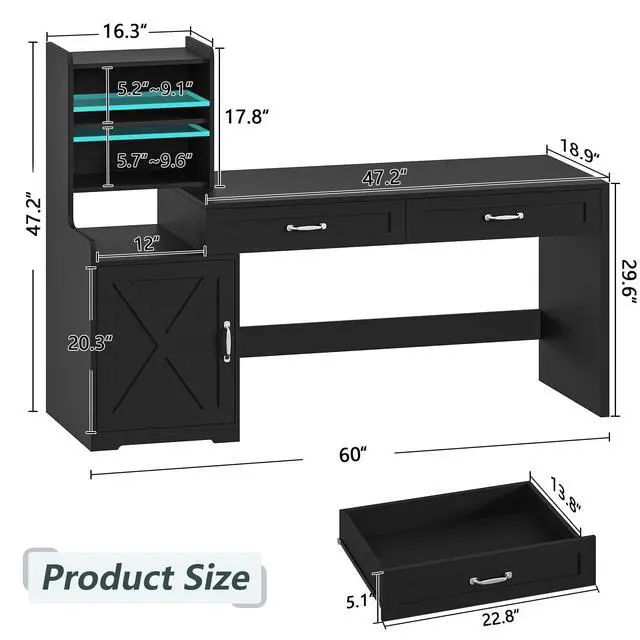 Alt view image 2 of 6 - 60" Computer Desk with 2 Drawer & Bookshelves, Home Office Desk with Storage Cabinet & Spacious Desktop, Writing Gaming Study Table with Bookcase, Black