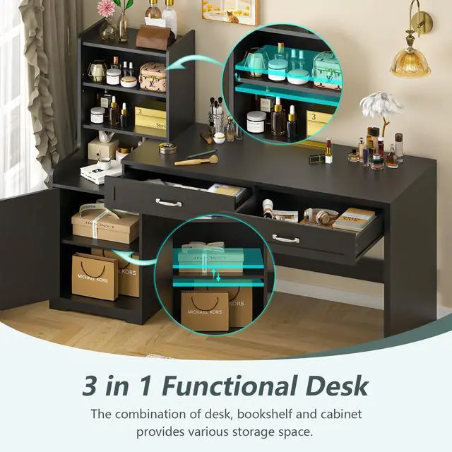 Alt view image 3 of 6 - 60" Computer Desk with 2 Drawer & Bookshelves, Home Office Desk with Storage Cabinet & Spacious Desktop, Writing Gaming Study Table with Bookcase, Black