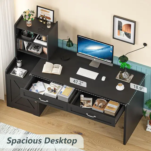 Alt view image 4 of 6 - 60" Computer Desk with 2 Drawer & Bookshelves, Home Office Desk with Storage Cabinet & Spacious Desktop, Writing Gaming Study Table with Bookcase, Black