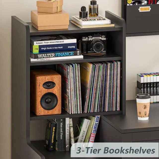 Alt view image 5 of 6 - 60" Computer Desk with 2 Drawer & Bookshelves, Home Office Desk with Storage Cabinet & Spacious Desktop, Writing Gaming Study Table with Bookcase, Black