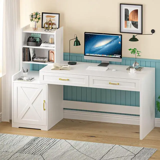 Main image of 60" Computer Desk with Drawers & Bookshelves, Home Office Desk with Storage Cabinet & Spacious Desktop, Writing Gaming Study Table with Bookcase, White
