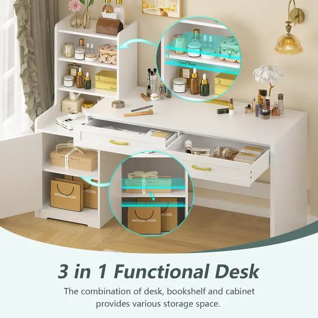 Alt view image 3 of 6 - 60" Computer Desk with Drawers & Bookshelves, Home Office Desk with Storage Cabinet & Spacious Desktop, Writing Gaming Study Table with Bookcase, White