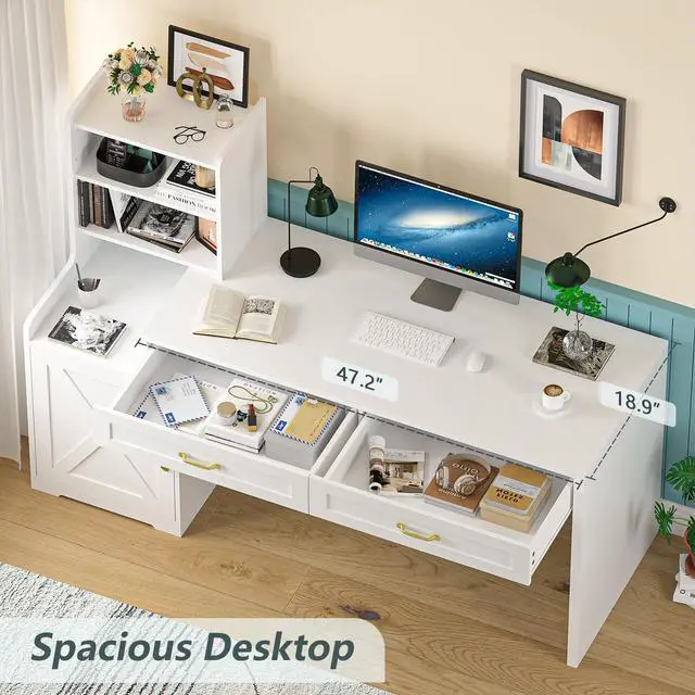 Alt view image 4 of 6 - 60" Computer Desk with Drawers & Bookshelves, Home Office Desk with Storage Cabinet & Spacious Desktop, Writing Gaming Study Table with Bookcase, White