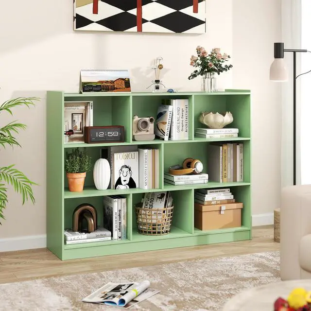 Alt view image 2 of 6 - 8 Cube Bookcase, Freestanding 3-Tier Open Bookshelf, Mint Green | Modern Storage Display Cabinet, Wood Cube Storage Organizer for Living Room, Home Office, Kids Room